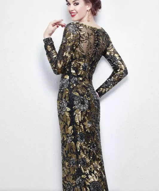 Primavera Couture Long Sleeve Luxurious Floral Sequined Long Sheath Gown 1401  2