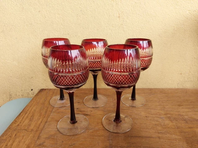 Set Servizio 5 Bicchieri Calici In Cristallo Molato Rosso Boemia Anni '50 Vintag