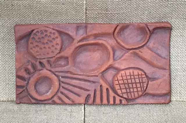 Abstract Art Pottery Terracotta Tile Plaque Signed D Roach Boho Rustic Earthy