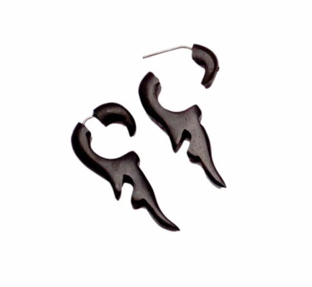 A Pair of Black Natural Wood USA Organic Ebony Tribal Wooden Earrings EAR135
