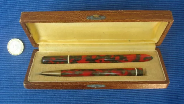 V51 Ancien Coffret Ecriture Art Deco Bakelite Porte Plume Mine Rouge Marbré