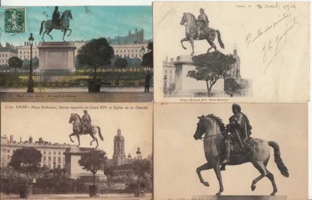 Lot de 4 cartes postales anciennes old postcard LYON Statue équestre LOUIS XIV 2