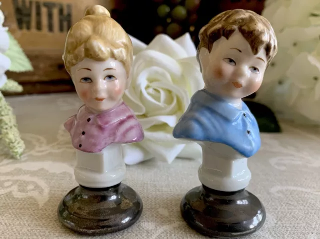 Porcelain Bisque Busts Girl & Boy Pedestal Base, Hand-painted Limoges? Pair 8cm