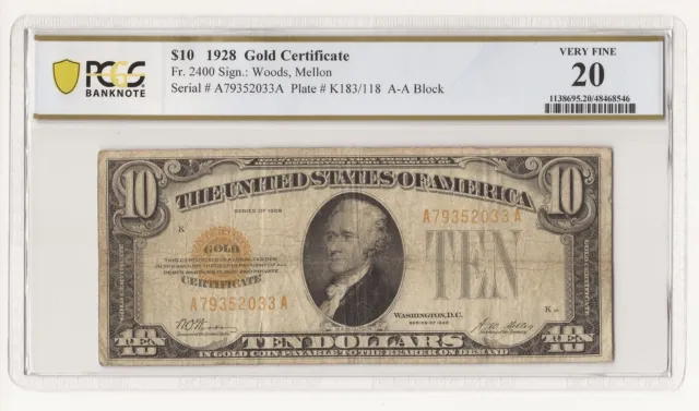 1928 $10 Dollar Bill Gold Certificate PCGS Banknote Very Fine VF 20 033A-RCHM