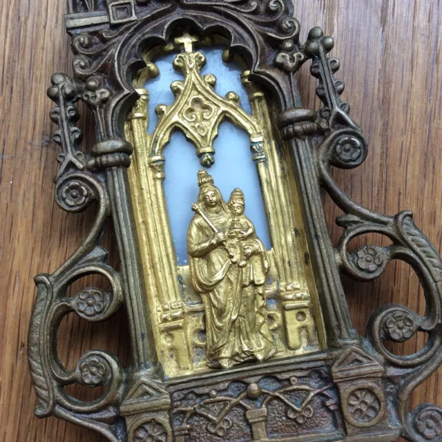 Ancien Bénitier Bronze et Coquillage Vierge à l'Enfant XIXème Dévotion Religion 2