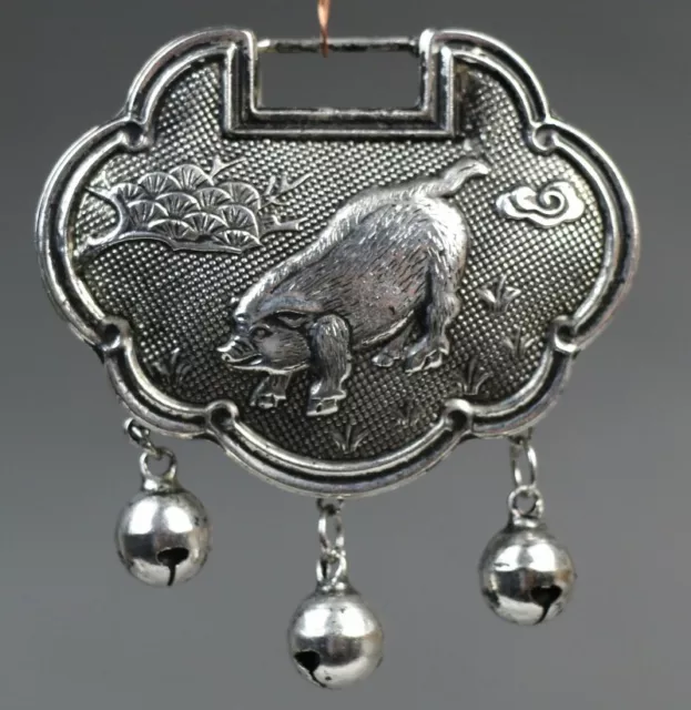 Tribal exotic ethnic chinese handmade miao silver longevity lock pig pendant