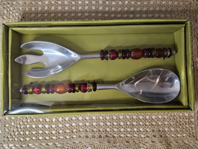 NIB Pier 1 Imports Boho Salad Serving Fork & Spoon w/ Decorative Beads