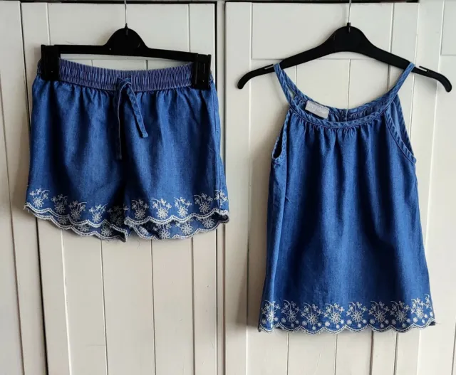 Matalan Girls Denim Embroidered Shorts  And Vest Top 8 Years
