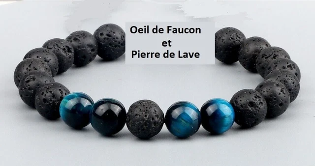 Bracelet Perles Pierre De Lave Et œil De Tigre Bleu (faucon) - Fait Main Sur Mesure - Neuf Sans Emballage