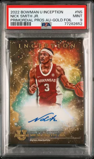 2022 Bowman University Inception Nick Smith Jr RC AUTO GOLD /50, PSA 9 (0 at 10)