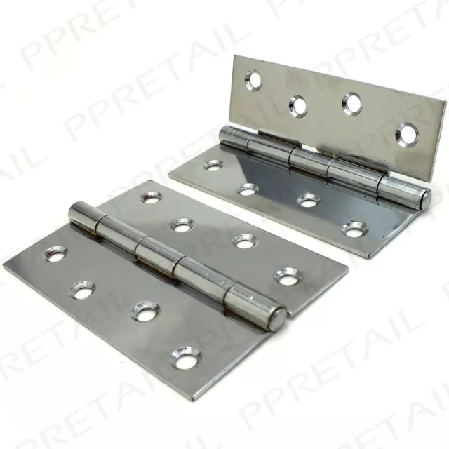 STEEL BUTT HINGES Set Of 2 100mm Chrome Large Heavy Duty Door Hang Fixed Pin New