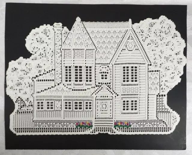 Vtg Lace Wall Hanging Victorian House w- Flowers Table Doily Placemat 20" x 13"