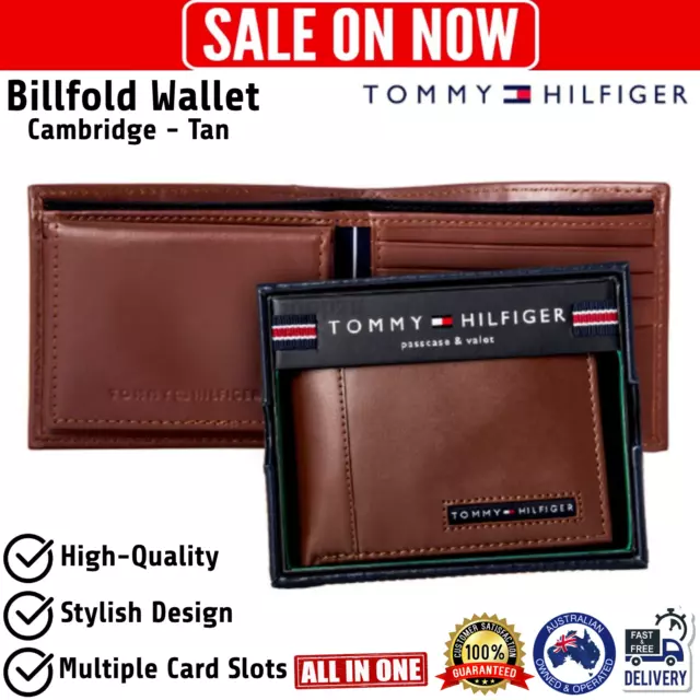 Genuine New Tommy Hilfiger Tan Leather Authentic Mens Cambridge Billfold Wallet