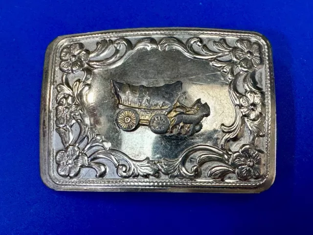 Horse Drawn Covered wagon - Vintage Two tone raised flower pattern belt buckle 2