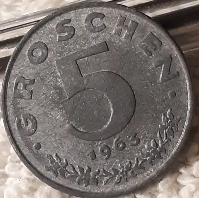 1963 Austria 5 Groschen coin , Imperial Eagle With Austrian Shield , Europe