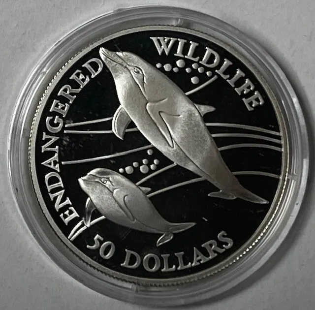 COOK ISLANDS - Endangered Wildlife - Dolphins - PROOF Silver $50 Dollars - 1991!