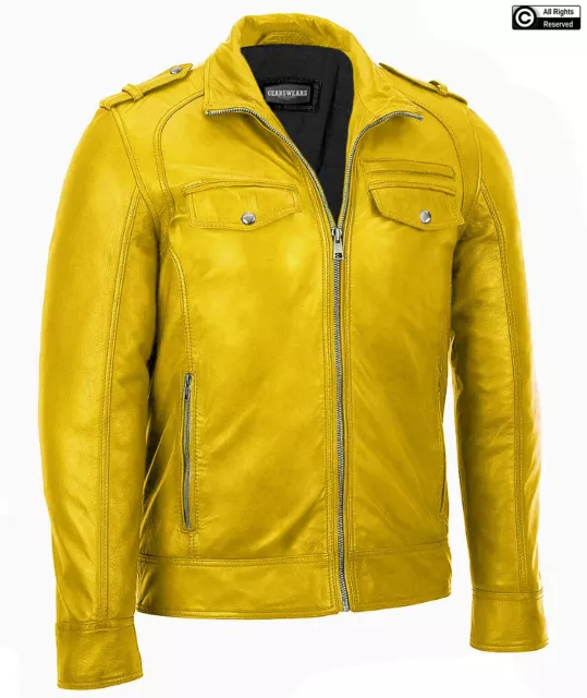 Mens Leather Jacket Biker Motorcycle Cafe Racer Retro Genuine Leather Jacket NEW