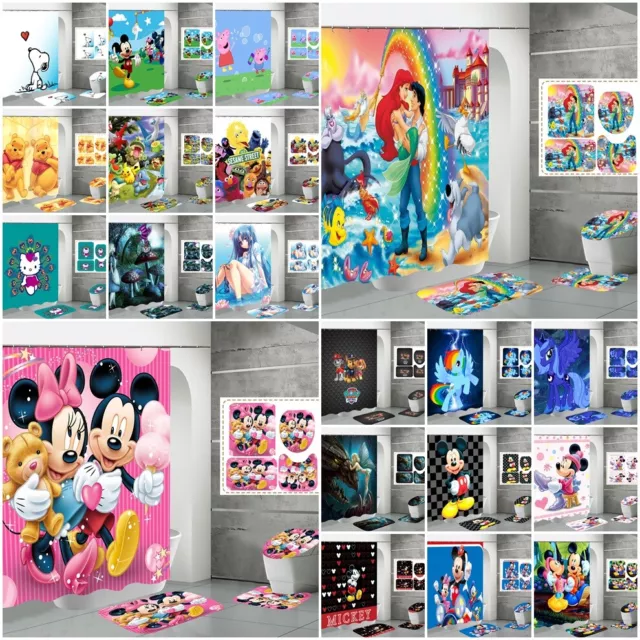 3D Cartoon Bathroom Set Shower Curtain Non-Slip Bath Mat Toilet Lid Cover 4pcs