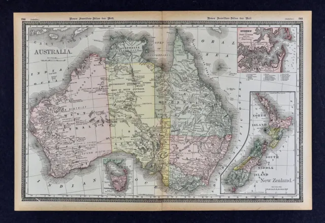 1891 McNally Map - Australia & New Zealand  Sydney Tasmania Melbourne Wellington