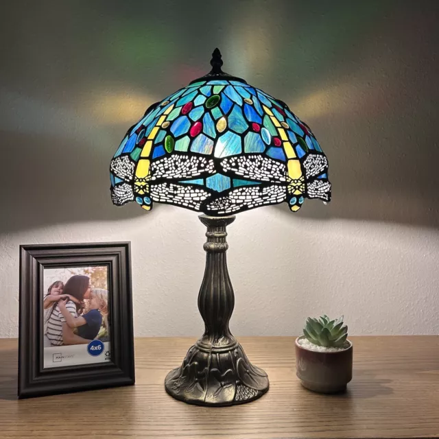 Tiffany Style Table Lamp Dragonfly Green Blue Stained Glass Vintage H18”W12”