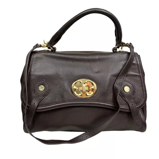 Emma Fox Cambridge Handbag Brown Pebbled Leather Gold Lock Double Handle Satchel
