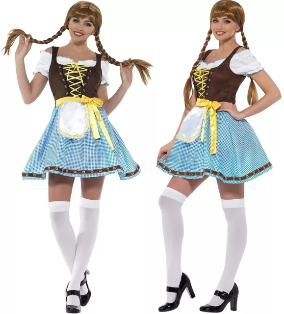 1x Kostüm Dirndl Kleid Mini Minikleid Blau Weiß Top Mieder Schürze Socks S 36 38