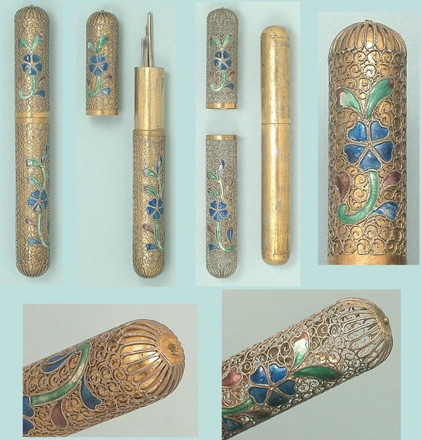 Antique Sterling Silver Enameled Filigree Needle Case * Chinese/English * C1800