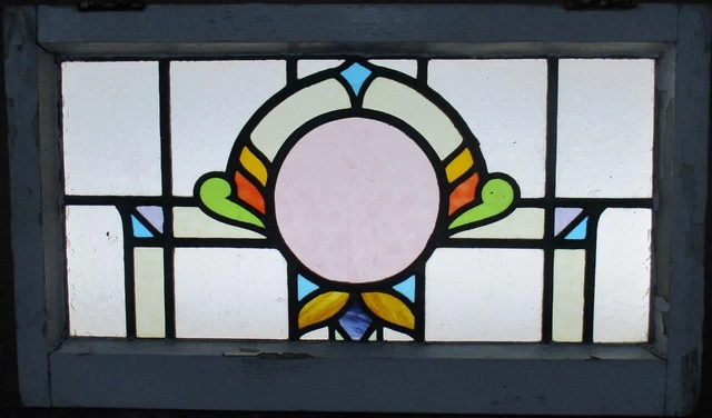 OLD ENGLISH LEADED STAINED GLASS WINDOW TRANSOM Beautiful Abstract 27.25" x 16" 2