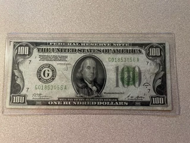 1928A $100 Federal Reserve Note “REDEEMABLE IN GOLD” S# G01853056A
