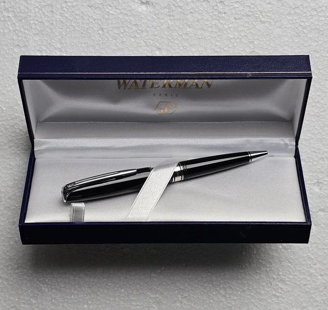 Stylo Waterman Charleston Noir Laqué - Bille/Roller, Attributs Chromés, Neuf Avec écrin
