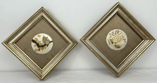 Set of 2 Precious Art Inc Framed Japanese Chokin Prints Owl Peacocks 7.25"x7.25"