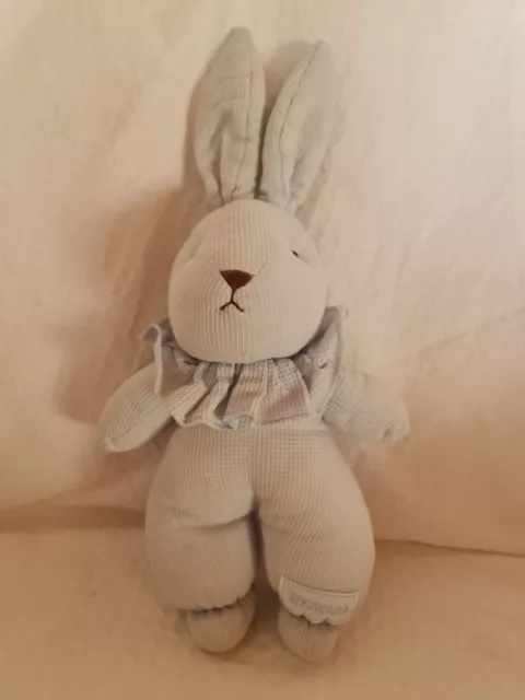 DOUDOU PELUCHE LAPIN Tissu Gaufré Bleu Clair NOUNOURS  GRELOT Vintage Tbé