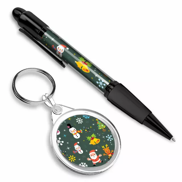 Pen & Keyring (Round) - Christmas Pattern Santa Reindeer Snowman #44604