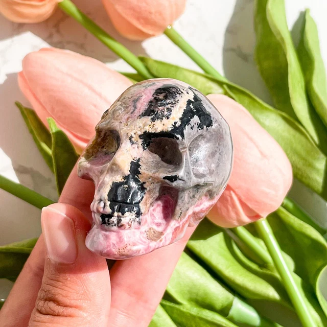 2" Natural Rhodonite Skull Quartz Crystal Hand Carved Decor Reiki Healing Stone