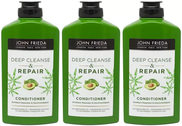 3x John Frieda Spülung REPAIR 250ml Conditioner Deep Clean Hanfsamen-Öl Avocado