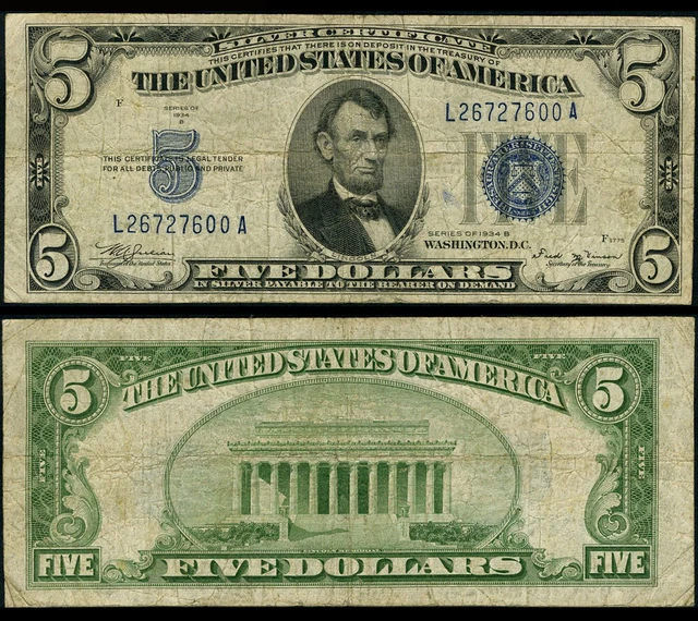 FR. 1652 $5 1934-B Silver Certificate Mule BP#637 Very Good