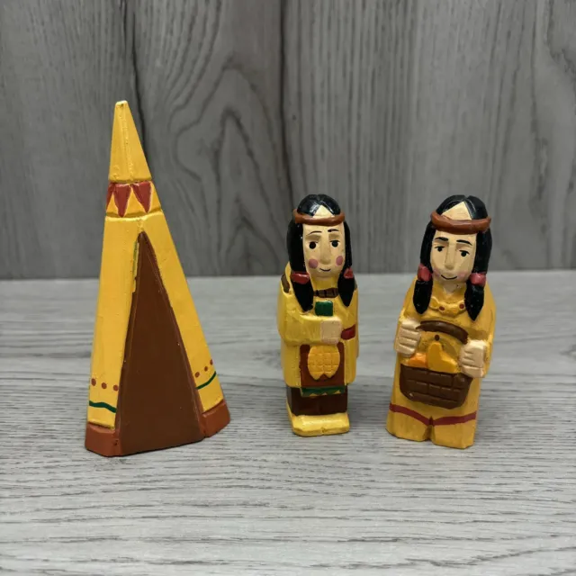 Vintage 1970s Hand Carved Hand Painted Indian Man Woman Teepee Wooden Figures