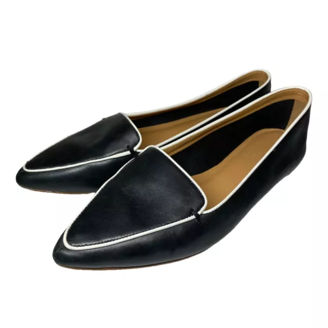 J.Crew Leather Pointed Toe Loafers Women’s 8 Black/White Trim Flats Shoes, L0616