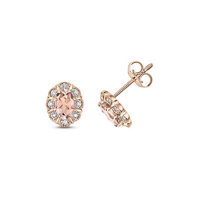 Morganite & Diamant Ovale Boucles D'Oreilles or Rose Clou