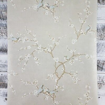 York Bird With Blossoms Hand Painted Silver French HP0325 Floral Wallpaper