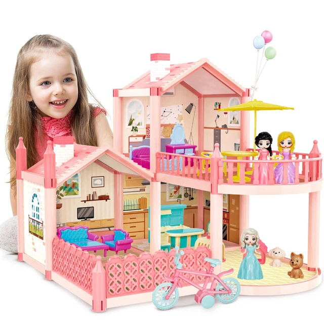 DEAO PINK DOLL House Set Large 2Story Barbie Doll Dollhouse