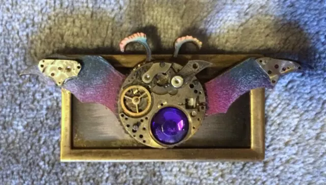 Steampunk Watch Gear Bat Pin, Brooch with Gothic Purple Stone, Handmade, OOAK