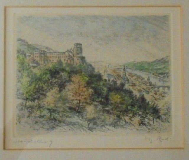 Gravure originale en couleurs Automne ensoleillé Signée Hans