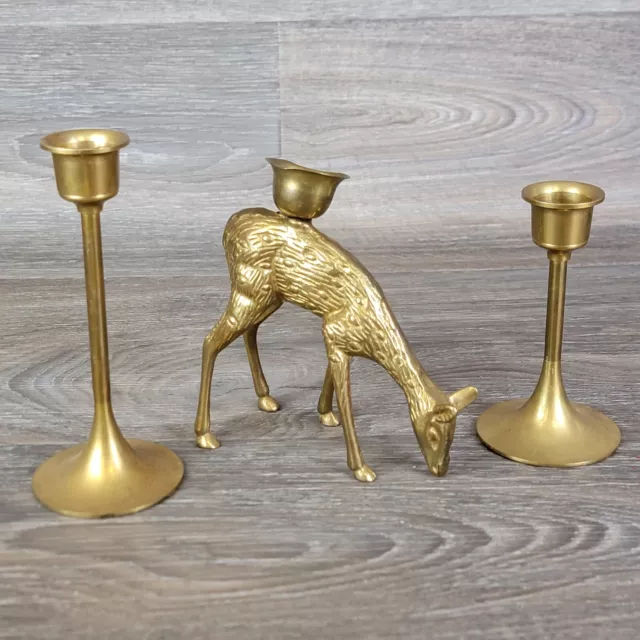 Deer Doe Pillar Candle Holder Brass Metal Set 3 Gold Rustic Farmhouse Decor 3