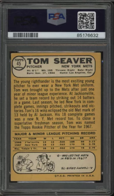 1968 TOPPS #45 Tom Seaver New York Mets HOF recrue étoile PSA 2,5 bon ...
