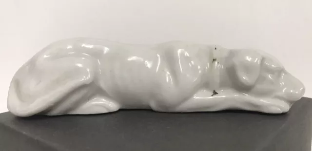 Antique Vintage White Glazed Ceramic Porcelain Recumbent Hound Dog Figurine