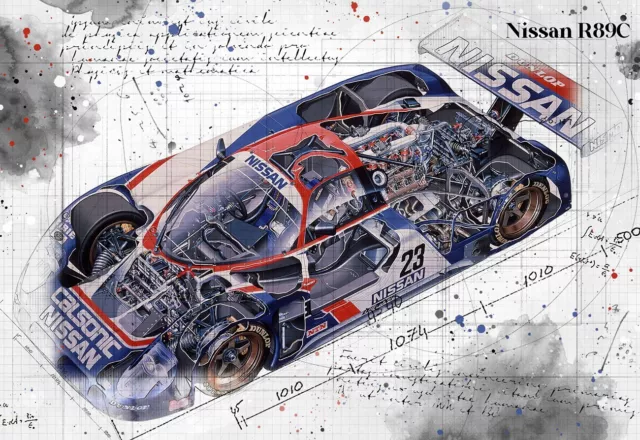 Line Tech Drawing    Nissan R89C    Auto Car Classic Cutaway Art Poster Print