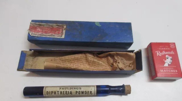 Vintage FAULDINGS DIPHTHERIA POWDER BLUE GLASS BOTTLE and original box