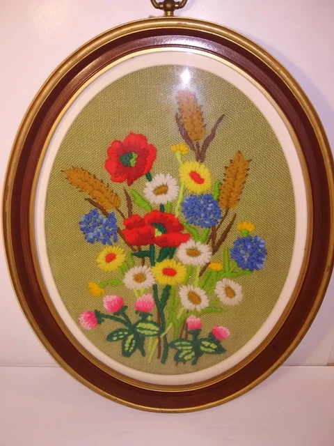 De colección Crewel Bordado Flor Margarita Forget Me Nots Enmarcado Circular Años 70 VER