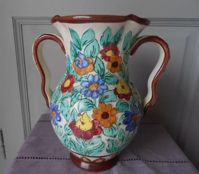 GRAND VASE Vintage Céramique " FLEURS "  CERART MONACO 6-4001   26 cm H